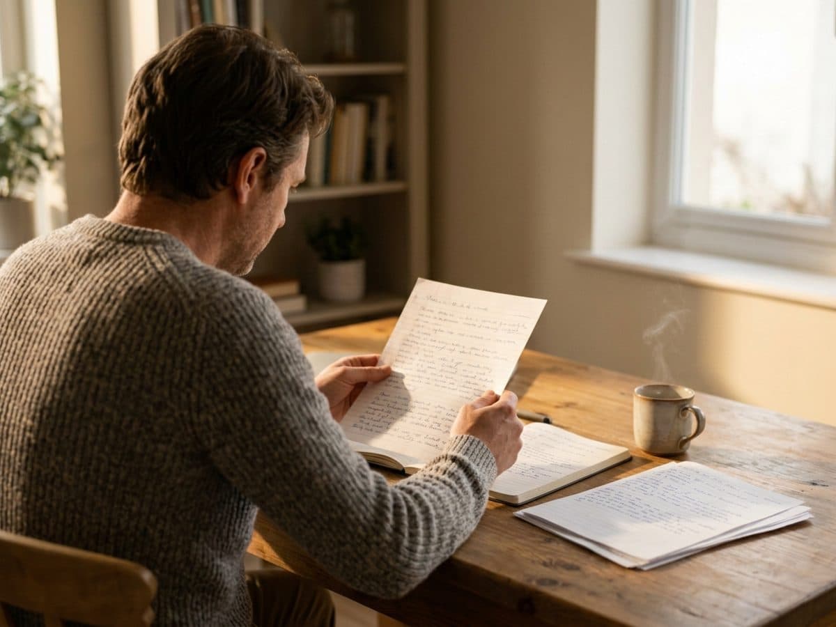 A BCBA reviews a child's program notes at a sunlit desk.