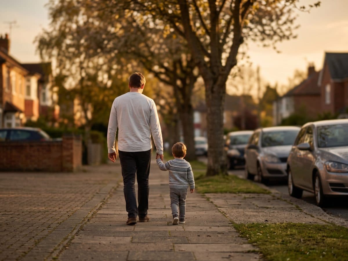 A child and therapist walk a neighborhood sidewalk in late light.