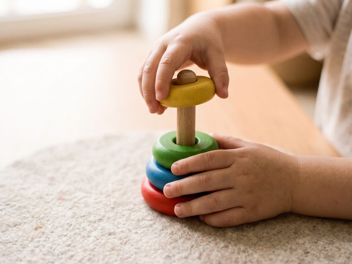 A toddler's hands stacking wooden rings, close crop.