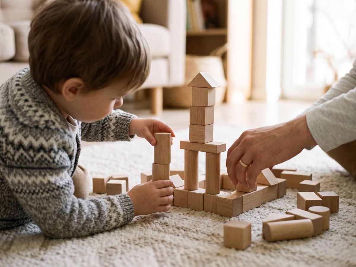 A therapist and child build with blocks on a living-room rug.