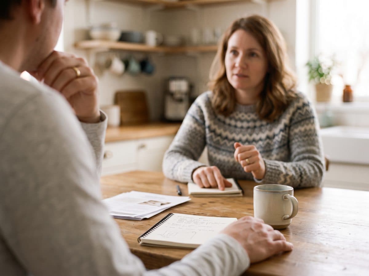 A parent and BCBA talk at a kitchen table, notes between them.