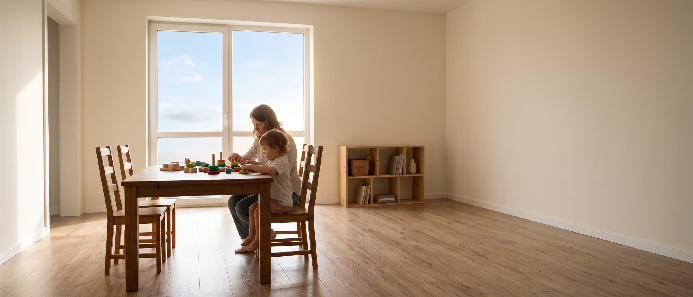 A clinician and a child working together during a home session, morning light through the window.