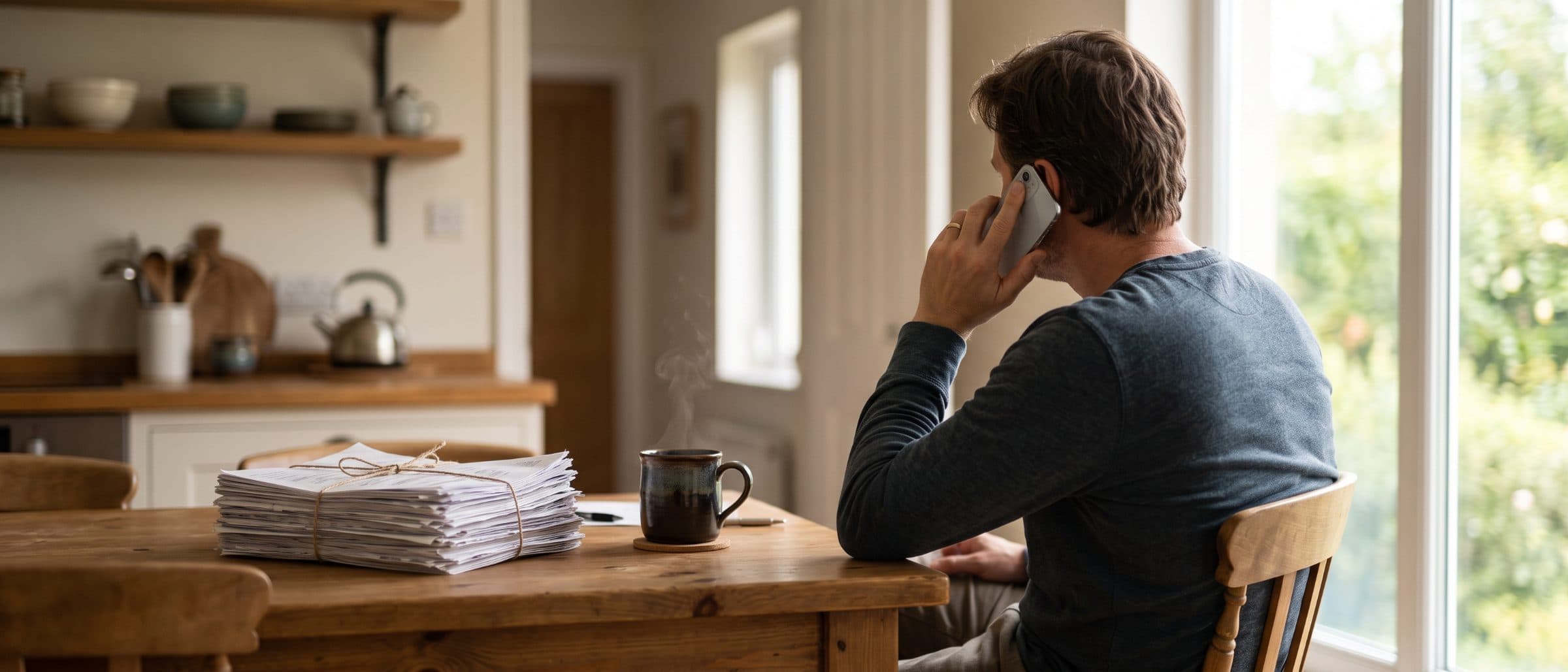 A parent on the phone at a kitchen table, paperwork and coffee beside them.