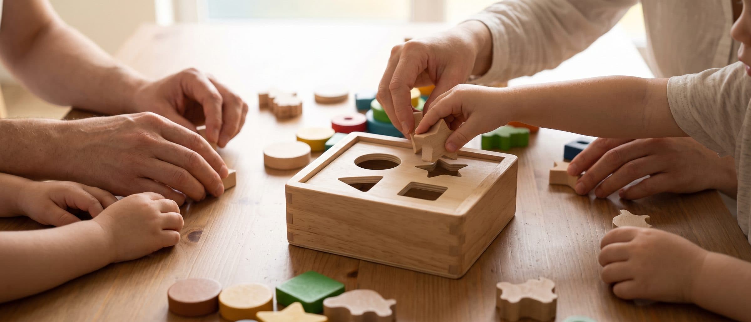A therapist kneels beside a child sorting shapes at a low table.
